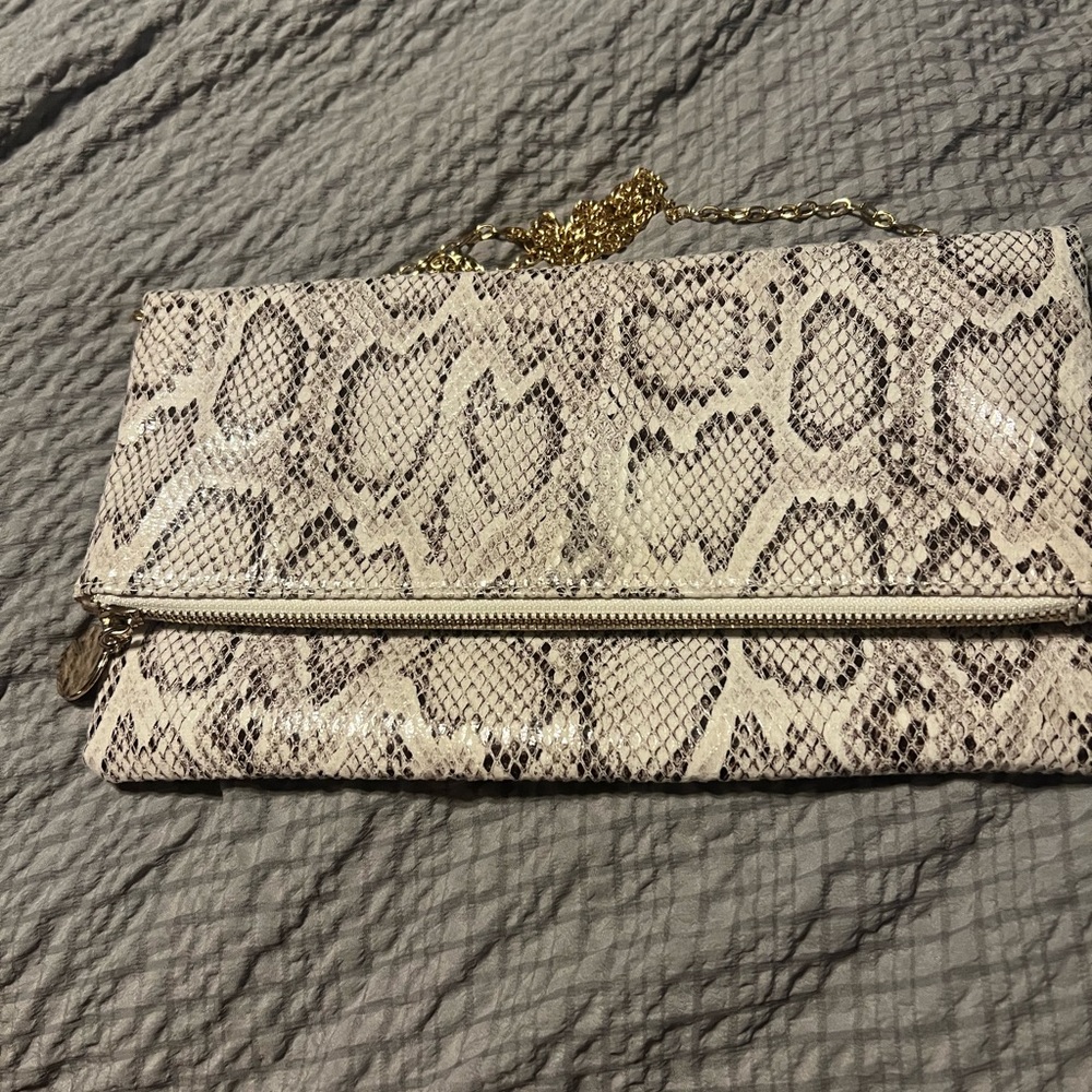Snake-Print Foldover Crossbody Clutch in Ivory